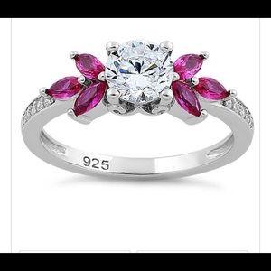 Sterling Silver Flower Leaves Ruby Clear CZ Ring